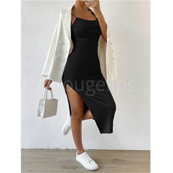 Twisted Back Cami Spaghetti Strap Black Midi Dress High Leg Slit - Picture 12 of 16